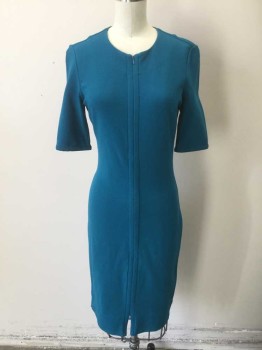 Womens, Dress, Long & 3/4 Sleeve, DVF, Teal Blue, Viscose, Polyester, Solid, B32, 2, W26, Double Knit, 3/4 Sleeves, Round Neck,  Invisible Zippers at Center Front Neck to Hem, Sheath, Knee Length
