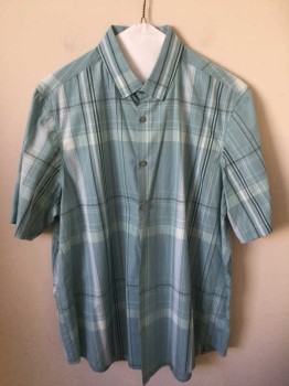 ALFANI, Sea Foam Green, Teal Blue, Cotton, Polyester, Plaid, Short Sleeves, Collar Attached, Button Front,