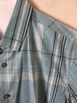 ALFANI, Sea Foam Green, Teal Blue, Cotton, Polyester, Plaid, Short Sleeves, Collar Attached, Button Front,
