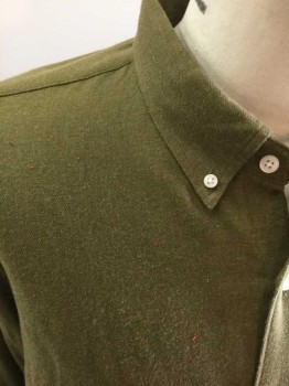 J CREW, Olive Green, Cotton, Polyester, Olive with Flecks of Red, Button Front, Collar Attached, Button Down Collar, 1 Pocket,
