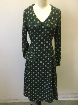 Womens, Dress, Long & 3/4 Sleeve, JESSY, Green, Lt Brown, Beige, White, Polyester, Novelty Pattern, S, Forrest Green W/light Brown, Beige & White Small Diamond & Flower Novelty Print, V-neck with Collar Attached, Loose Fit W/self Belt, Zip Back, Flair Bottom, Long Sleeves,