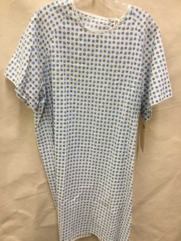 Unisex, Patient Gown, White, Blue, Navy Blue, Polyester, Cotton, Novelty Pattern, L, Medallion Novelty Pattern, Short Sleeves, Ties at Back