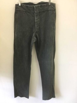 DARCY, Charcoal Gray, Cotton, Solid, Canvas, Button Fly, Black Suspender Buttons at Outside Waist, 2 Side Seam Pockets, Belted Back, Reproduction "Old West" Wear