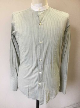 CHRIS SHIRTS, Lt Green, Brown, White, Cotton, Stripes - Pin, Long Sleeve Button Front, Solid White Band Collar, French Cuffs,  Bib Panel at Center Front Chest, Reproduction