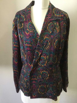 NORDSTROM POV, Purple, Turquoise Blue, Yellow, Black, Silk, Paisley/Swirls, Long Sleeves, Collar Attached, Notched Lapel, 1 Button, Pleated Half Front, Pleated at Back Yoke