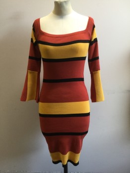 Womens, Dress, Long & 3/4 Sleeve, N/L, Burnt Orange, Yellow, Black, Polyester, Stripes - Horizontal , M, Body Contour Knit, Square Boat Neck, Raglan Almost Full Sleeve with Bell Extended Cuff
