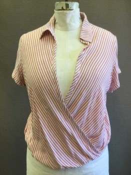 Womens, Top, UNIVERSAL THREAD, Dusty Rose Pink, White, Rayon, Stripes, XXL, Surplice Top, Elastic Waist, Cuffed Short Sleeves, Collar Attached, Pleated Center Back at Yoke