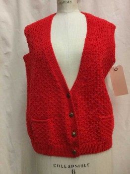 Womens, Vest, NL, Red, Synthetic, Solid, B 38, Red Knit, Button Front, 2 Pockets,