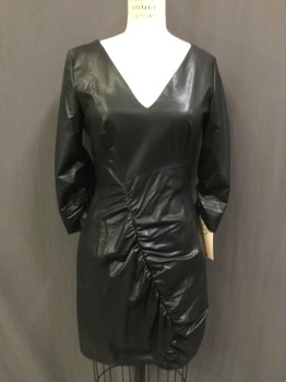 Womens, Cocktail Dress, ZARA, Black, Faux Leather, Solid, S, V-neck, Long Sleeves, Back Zipper, Rouched Sleeves and Asymmetrical Rouching Front, Body Contour,