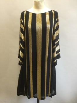 Womens, Cocktail Dress, ALICE & OLIVIA, Black, Gold, Silk, Spandex, S, L/S, Gold Beaded Stripes on Black Chiffon, Scoop Neck, 3/4 Non-lined Sleeves, Zip Back, Knee Length