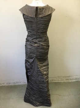 Womens, Evening Gown, ALEX EVENINGS, Brown, Silver, Polyester, Nylon, Solid, 10, Crinkled Texture Taffeta, Sleeveless, Rounded Collar, Wrapped V-neck, Silver Rhinestone Square Brooch at Side Front Under Bust, Ruched at Sides, Form Fitting with Flared Mermaid Hem, Floor Length