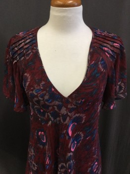NICOLE RICHIE, Teal Blue, Red Burgundy, Lt Pink, Lt Gray, Lt Gray, Polyester, Abstract , Floral, Sheer Flow Cap Sleeve V Neck