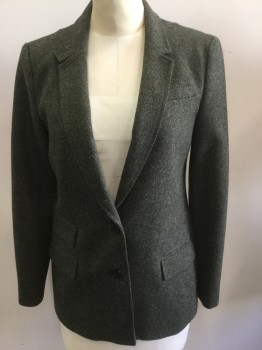 Womens, Blazer, BANANA REPUBLIC, Olive Green, Black, Wool, Speckled, 2, Olive Green with Speckled Red/yellow/etc, Self Black Ribbed, Notched Lapel, 2 Button Front, Pocket Flaps