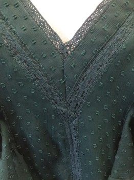 ZARA, Forest Green, Silk, Solid, V-neck, Long Sleeves, Embossed Patttern, Lace Insets, Ruffles