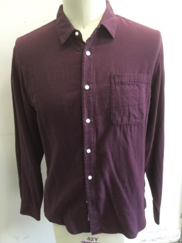 HIROSHI, Plum Purple, Cotton, Solid, Flannel, Collar Attached, Button Front, Long Sleeves, Chest Pocket