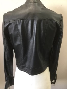 Womens, Leather Jacket, KATIE MEEHAN, Black, Leather, Solid, L, Band Neck, Zip Front, Slit Pockets, Zip Wrists W/strap
