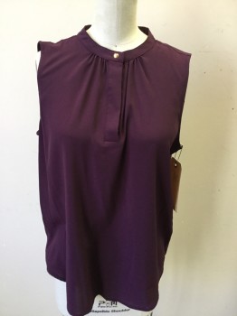 Womens, Shell, CALVIN KLEIN, Plum Purple, Polyester, Spandex, Solid, M, Sleeveless, Pull Over, 2 Button Placket,