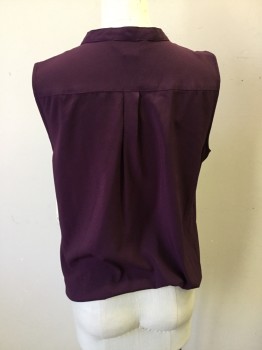 CALVIN KLEIN, Plum Purple, Polyester, Spandex, Solid, Sleeveless, Pull Over, 2 Button Placket,