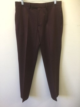 TOPMAN, Red Burgundy, Polyester, Viscose, Solid, Flat Front, Tab Waist, Zip Fly, 4 Pockets, Straight Leg