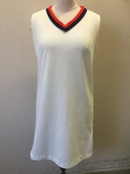 N/L, White, Navy Blue, Red, Polyester, Solid, White Textured Polyester with Red and Navy Trim at V-neck, Sleeveless Shift Dress, Darts at Bust, Knee Length,