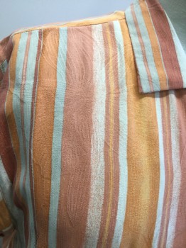 TOMMY BAHAMA, Apricot Orange, Coral Orange, Taupe, Ecru, Silk, Stripes - Vertical , Floral, Woven with Large Hibiscus Texture, Button Front, Short Sleeves, 1 Pocket, Collar Attached, Double,