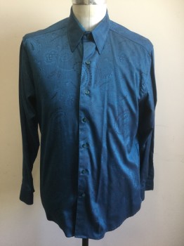 ROBERT GRAHAM, Dk Blue, Cotton, Paisley/Swirls, Self Paisley Pattern, Long Sleeve Button Front, Collar Attached, 2000's