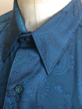 ROBERT GRAHAM, Dk Blue, Cotton, Paisley/Swirls, Self Paisley Pattern, Long Sleeve Button Front, Collar Attached, 2000's