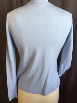 BROOKS BROTHERS, Baby Blue, Cotton, Polyester, Solid, Fine Ribbed Crew Neck, Long Sleeves Cuffs & Hem, Button Front,