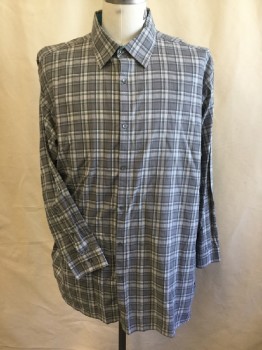 CALVIN  KLEIN, Gray, White, Baby Blue, Teal Blue, Cotton, Plaid, Collar Attached, with Solid Teal Blue Inside Collar,  Button Front, Long Sleeves,