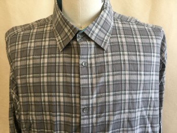CALVIN  KLEIN, Gray, White, Baby Blue, Teal Blue, Cotton, Plaid, Collar Attached, with Solid Teal Blue Inside Collar,  Button Front, Long Sleeves,