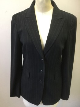TAHARI, Black, White, Polyester, Spandex, Stripes - Pin, Single Breasted, 3 Buttons,  Peaked Lapel, 2 Pockets,
