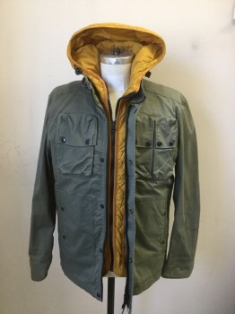 Mens, Casual Jacket, G STAR RAW, Olive Green, Cotton, Elastane, Solid, Large, Jacket with Removable Vest Liner, Multi-pockets, Zip Front, Stand Collar with Strap, Liner is FC043486