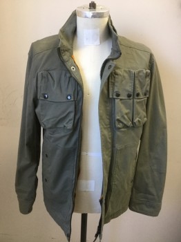 Mens, Casual Jacket, G STAR RAW, Olive Green, Cotton, Elastane, Solid, Large, Jacket with Removable Vest Liner, Multi-pockets, Zip Front, Stand Collar with Strap, Liner is FC043486