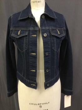 Womens, Jean Jacket, UNIQLO, Indigo Blue, Tan Brown, Cotton, Solid, XS, Little Cropped, Little Stretch, Traditional Style