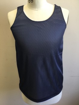 Unisex, Jersey, A4, Navy Blue, White, Polyester, Solid, XS, Reversible Mesh with Open Holes Texture, One Side is Navy, Other Side is White, Sleeveless, Scoop Neck, **Multiples **Barcode Located Between Layers Near Side Hem