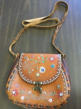 Womens, Purse, MEXICO, Brown, Silver, Blue, Red, Green, Leather, Floral, OS, Brown Leather with Leather Stitching, Flap, Stud and Rhinestone Floral Detail, Cross Over Braided Strap