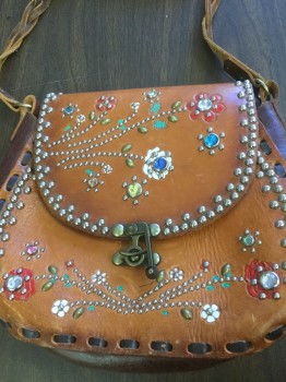 Womens, Purse, MEXICO, Brown, Silver, Blue, Red, Green, Leather, Floral, OS, Brown Leather with Leather Stitching, Flap, Stud and Rhinestone Floral Detail, Cross Over Braided Strap