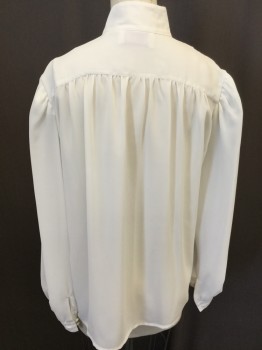 ELLES BELLES, Off White, Polyester, Solid, 1980s, Stand Up Collar, Long Sleeves, Button Front, Hidden Placket, Pleated Front