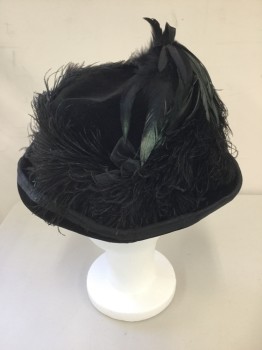 NL, Black, Silk, Feathers, Solid, Velvet Hat with Ostrich Plume All Around with Iridescent Black Coque Above Black Ribbon Detail at Right Side, Curled Up Brim All Around,