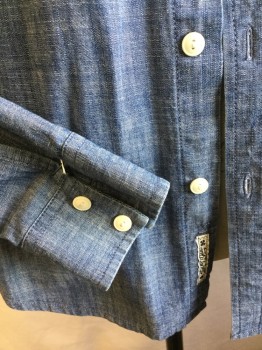 LUCKY BRAND, Blue, Cotton, Solid, Blue Chambray, Collar Attached, White Button Front, Long Sleeves, 2 Pockets with Flap