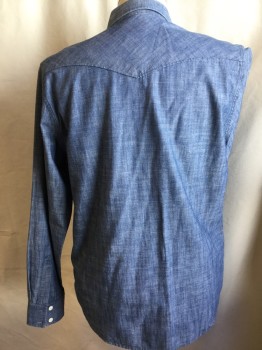 LUCKY BRAND, Blue, Cotton, Solid, Blue Chambray, Collar Attached, White Button Front, Long Sleeves, 2 Pockets with Flap