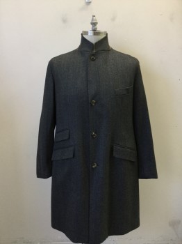 Mens, Coat, Overcoat, LORO PIANA, Charcoal Gray, Wool, Herringbone, 42R, Button Front, Collar Attached, Notched Lapel, 4 Pockets, 4 Buttons, Brown Suede Undercollar, Knee Length