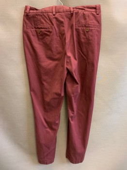 Mens, Casual Pants, BROOKS BROTHERS, Red Burgundy, Cotton, 29.5, 32/, Side Pockets Zip Front, Flat Front