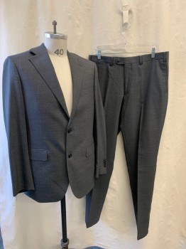 Mens, Suit, Jacket, MUNRO, Dk Gray, Wool, Viscose, Heathered, 40R, Notched Lapel, Single Breasted, Button Front, 2 Buttons, 3 Pockets, White Stitching on Shoulders