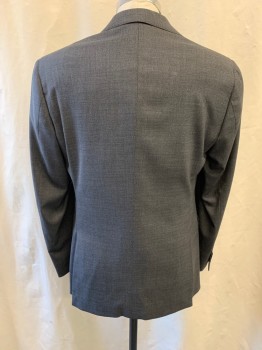 Mens, Suit, Jacket, MUNRO, Dk Gray, Wool, Viscose, Heathered, 40R, Notched Lapel, Single Breasted, Button Front, 2 Buttons, 3 Pockets, White Stitching on Shoulders