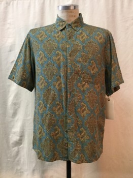 TERRITORY AHEAD, Dk Green, Olive Green, Aqua Blue, Hot Pink, Yellow, Cotton, Paisley/Swirls, Button Front, Collar Attached, Short Sleeves, 1 Pocket,