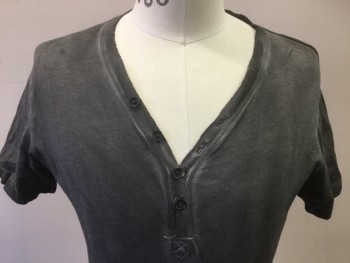 DIESEL, Gray, Cotton, Solid, Button V-neck, Short Sleeves, Overdyed