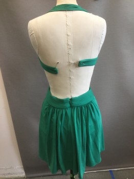Womens, Cocktail Dress, BCBG, Kelly Green, Acetate, Nylon, Solid, XXS, Halter, V-neck, Pleated Bust and Waist, Criss Cross Front,  Open Back with Strap Closure, Gathered Skirt