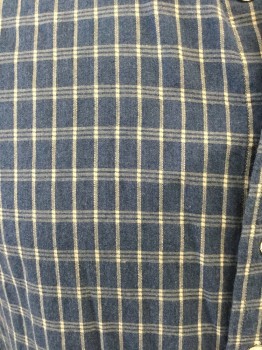 Mens, Casual Shirt, RAG AND BONE, French Blue, White, Cotton, Plaid - Tattersall, L, Button Front, Long Sleeves, Collar Attached, Patch Pocket,