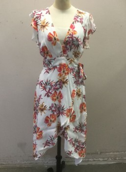 Womens, Dress, Short Sleeve, ADELYN RAE, White, Multi-color, Red, Purple, Brown, Viscose, Floral, S, White with Poppy Red/Purple/Brown/Tan/Burn Orange Etc Floral Pattern Crepe, Ruffled Cap Sleeves, Wrap Dress with Wrapped V-neck, Self Ties at Side Waist, High Low Hem Above Knee in Front, Mid Calf in Back **Barcode on Waistband